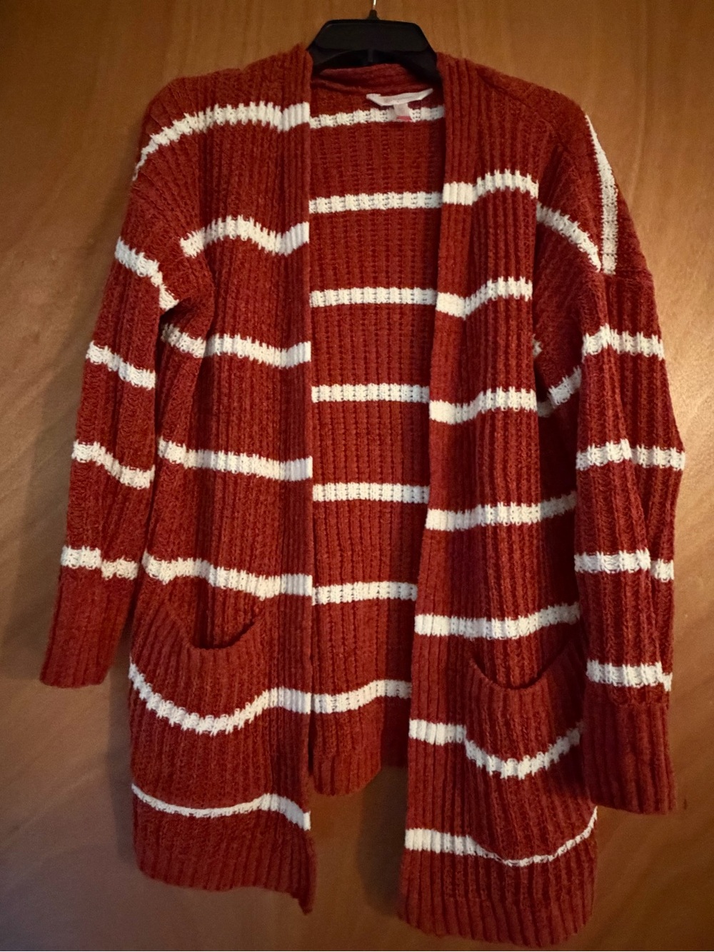 No Boundaries Rust and White Striped Open-Front Cardigan